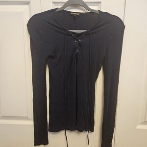 Express Navy Lace-Up Ribbed Long Sleeve Top